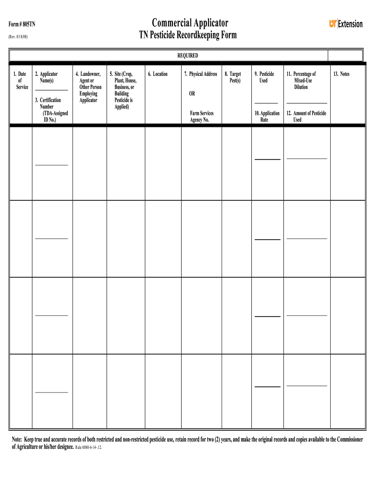 Commercial Applicator TN Pesticide Recordkeeping Form Psep Utk