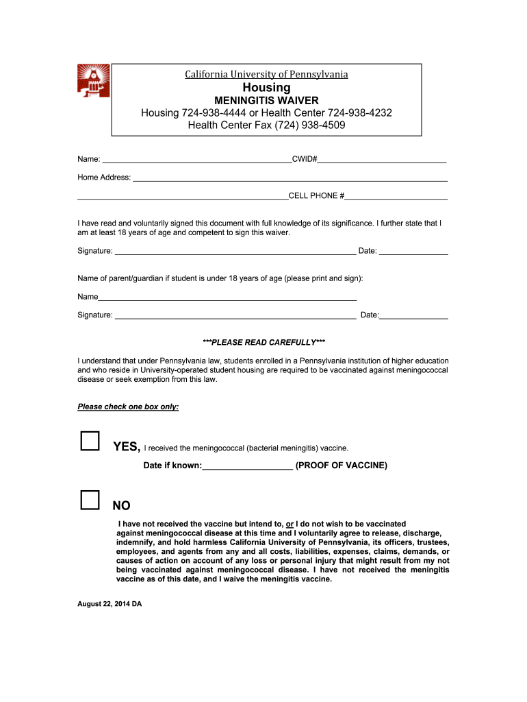 Get and Sign Meningitis Waiver Form 1 Cal U 2014-2022