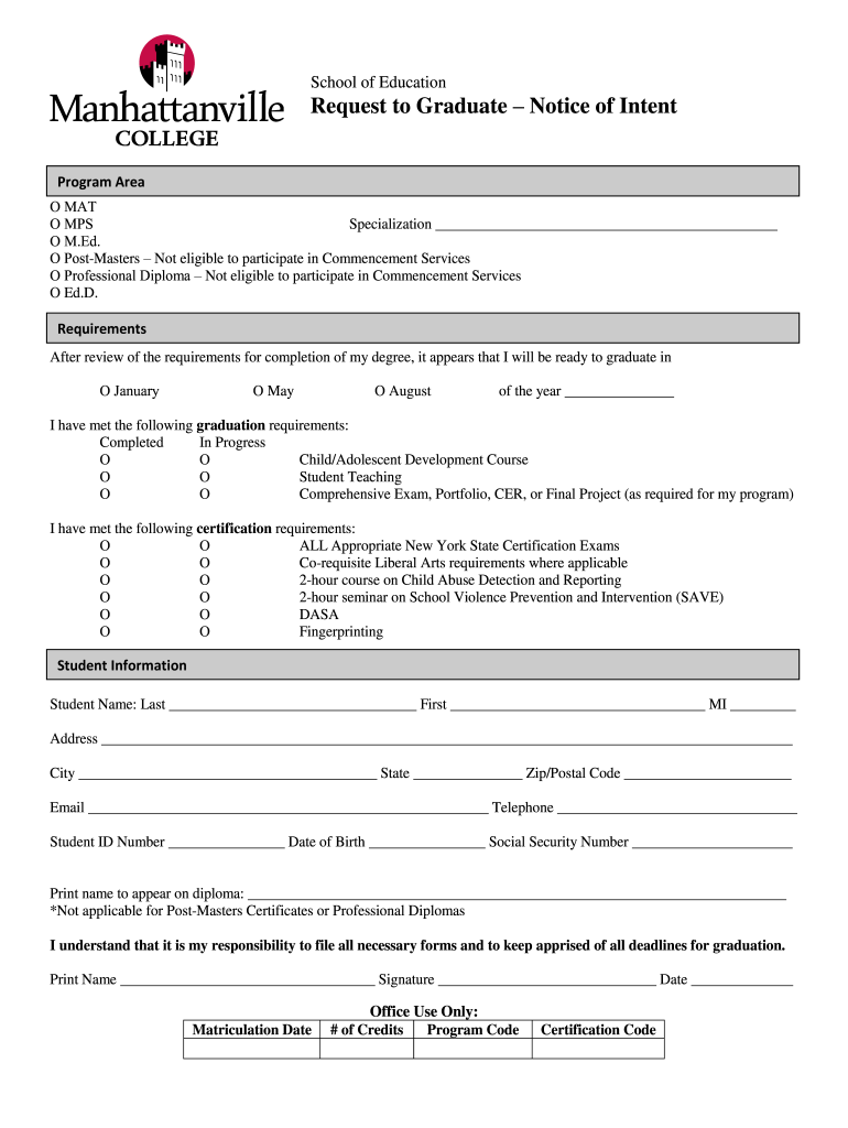 Get and Sign Request to Graduate Notice of Intent Manhattanville College  Form