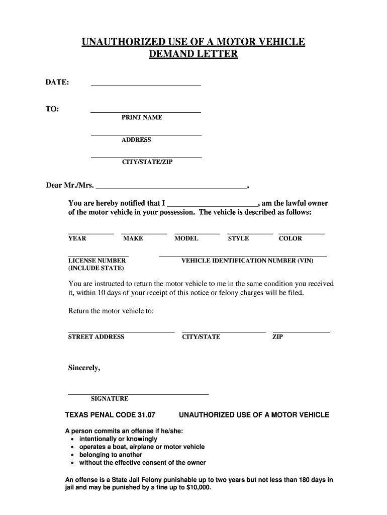 UNAUTHORIZED US of a MOTOR VEHICLE FORM