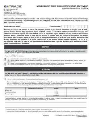 Non Resident Alien Nra Certification Statement  Form