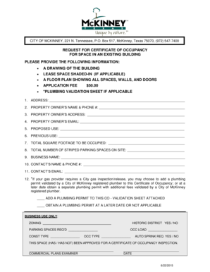 City of Mckinney Certificate of Occupancy  Form