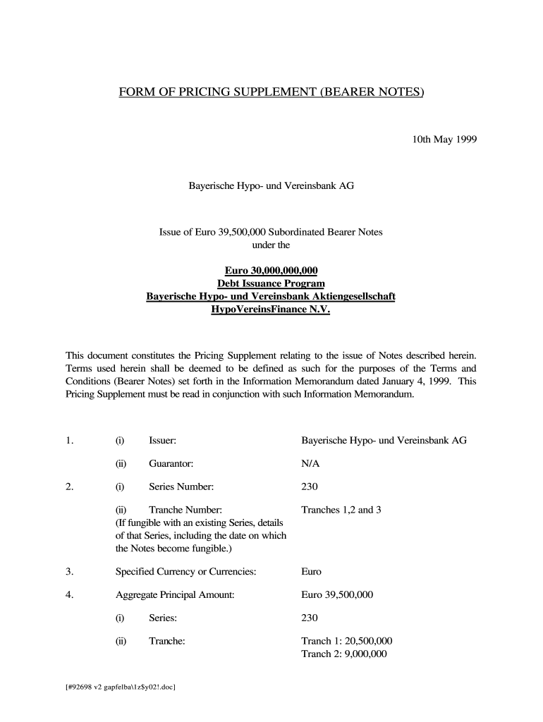 FORM of PRICING SUPPLEMENT BEARER NOTES 1999-2025