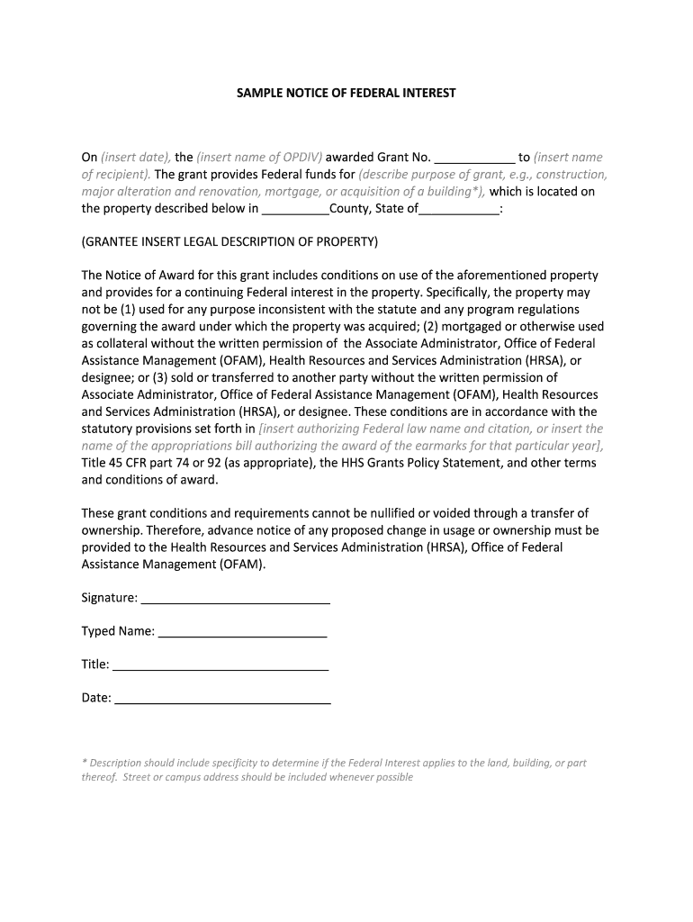  SAMPLE NOTICE of FEDERAL INTEREST SAMPLE NOTICE of FEDERAL INTEREST Bphc Hrsa 2014-2024