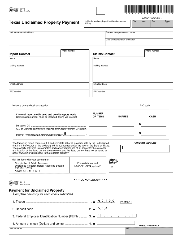  53 119 Unclaimed Property Holder Report and Payment Trcc State Tx 2016