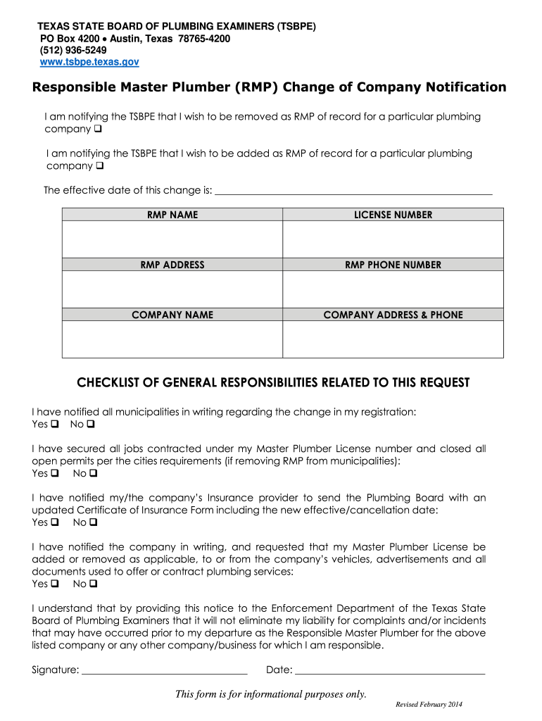 Get and Sign Responsible Master Plumber RMP Change of Company  Form