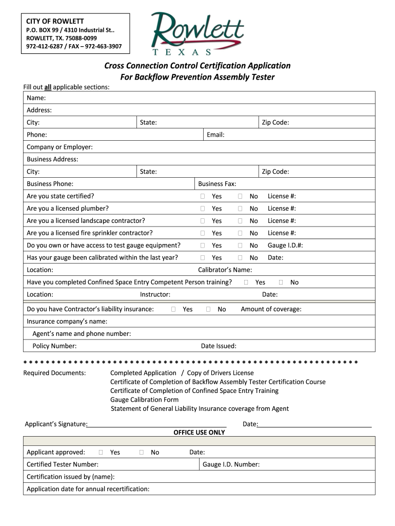 Backflow Tester Application Rowlett Ci Rowlett Tx  Form