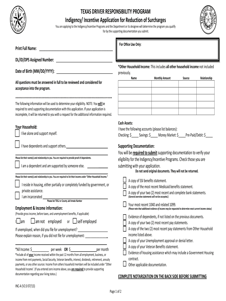 TEXAS DRIVER RESPONSIBILITY PROGRAM Indigency Incentive  Form