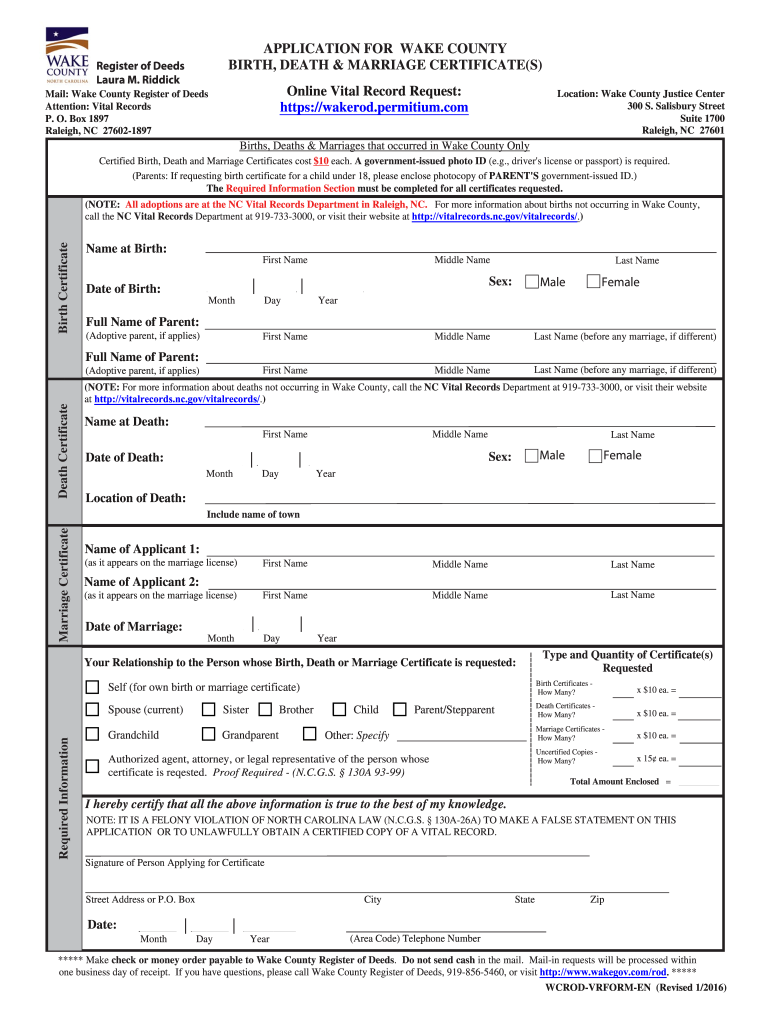 Get and Sign Wake County Certificate 2016-2022 Form