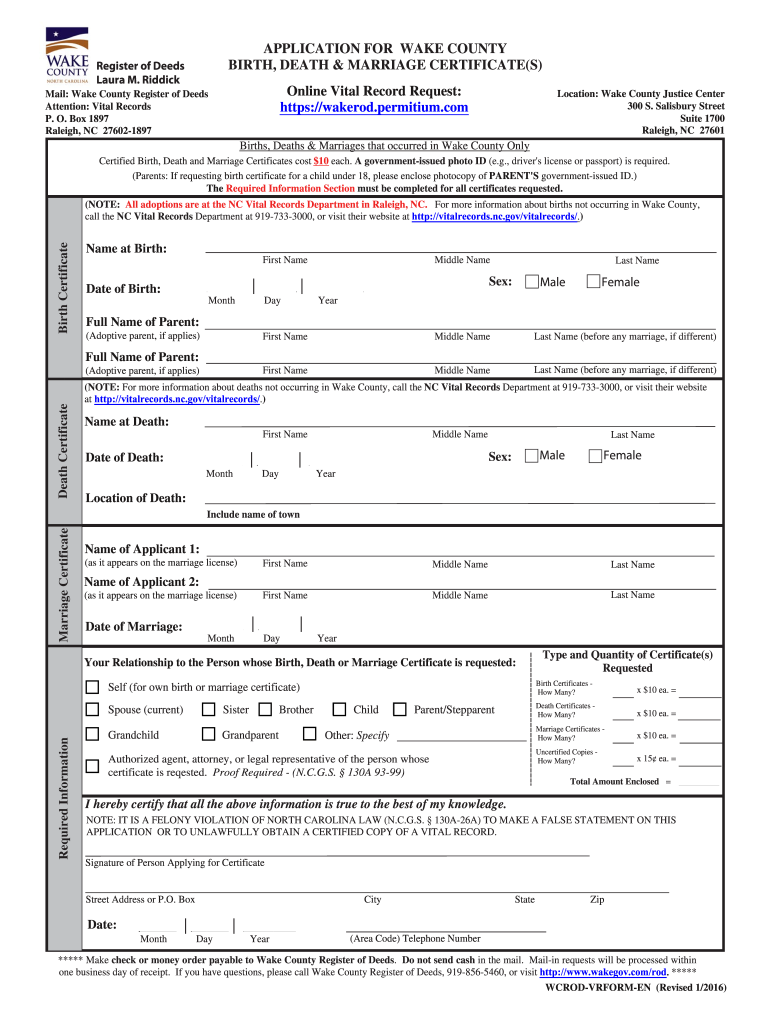  Wake County Certificate 2016-2024