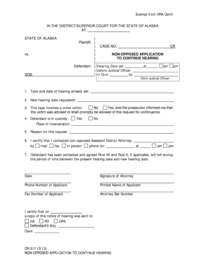 CR 317 Non Opposed Application to Continue Hearing 3 15 Fill in Criminal Forms