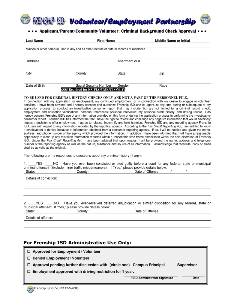  Volunteer Background Check Form  Frenship ISD 2006-2024
