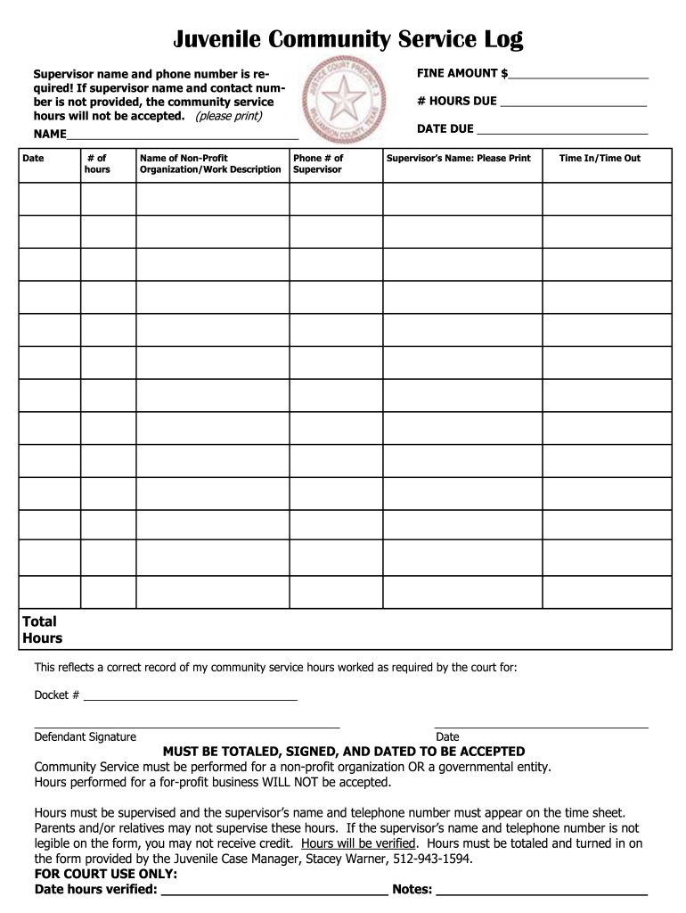 Juvenile Community Service Log Wilcoorg  Form