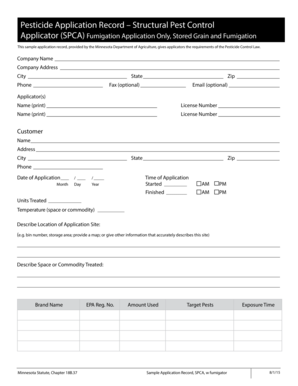 Pesticide Application Record Structural Pest Control Mda State Mn  Form