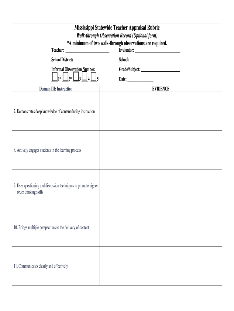 Mississippi Statewide Teacher Appraisal Rubric Walk  Mde K12 Ms  Form