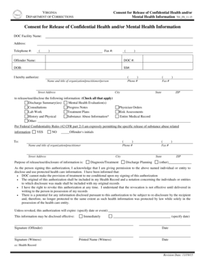 Consent for Release of Confidential Health Andor Vadoc Virginia  Form