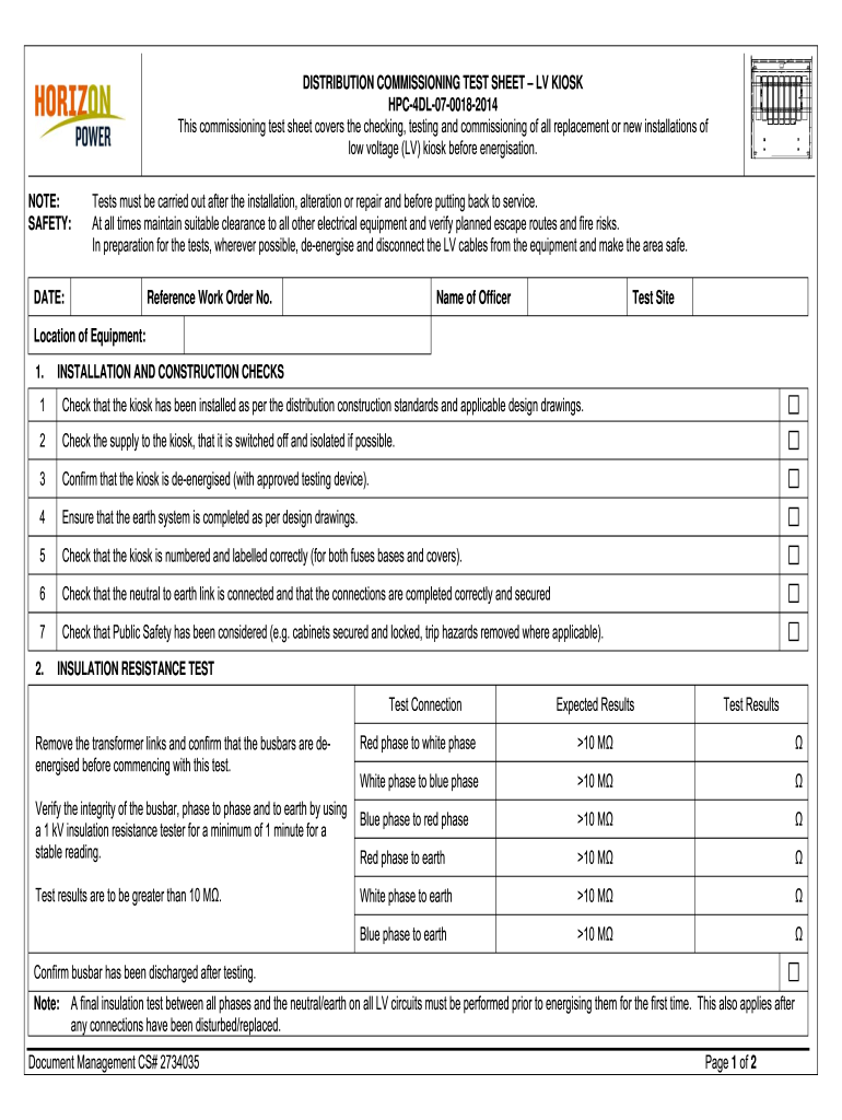 DISTRIBUTION COMMISSIONING TEST SHEET LV KIOSK HPC 4DL  Form