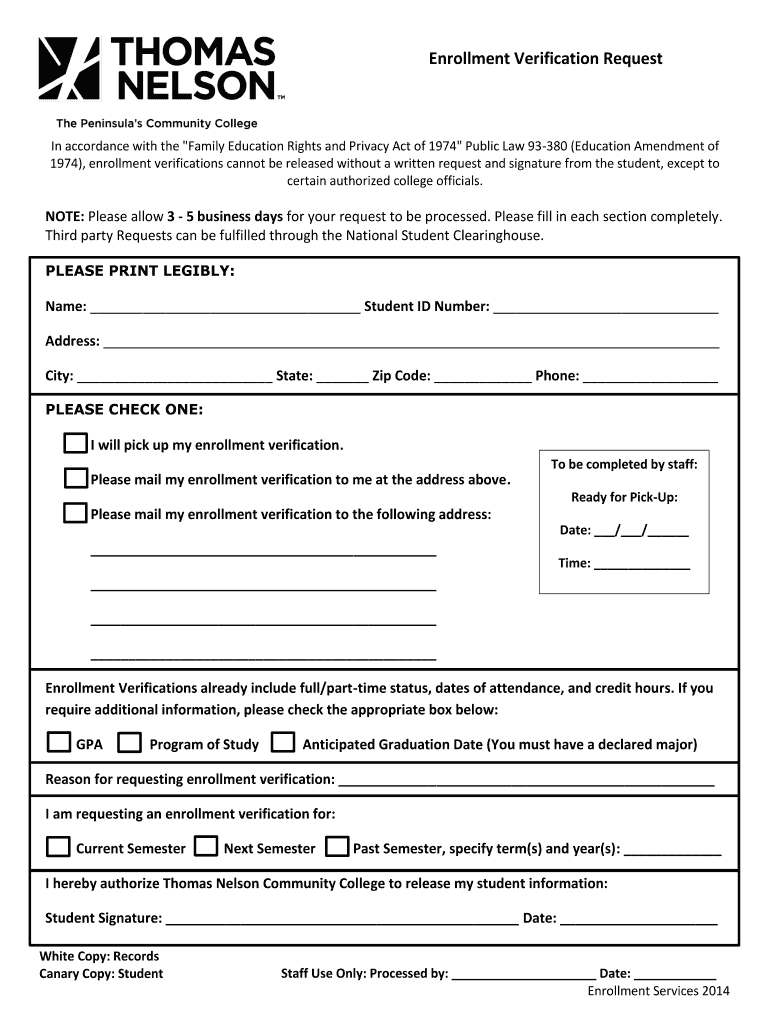  Enrollment Verification Request Thomas Nelson Community Tncc 2014-2024