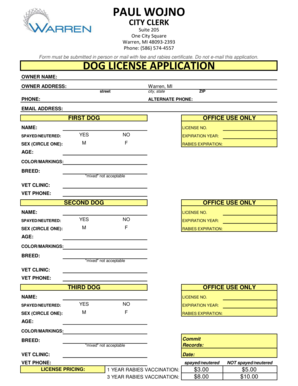 Warren City Dog License  Form