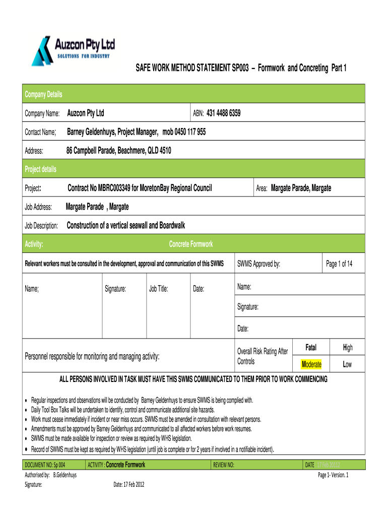 Safe Work Method Statement Concreting  Form