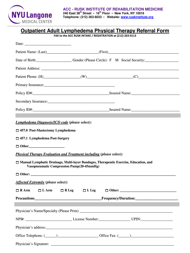 Outpatient Adult Lymphedema Physical Therapy Referral Form Rusk Med Nyu