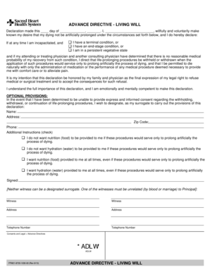 ADVANCE DIRECTIVE LIVING WILL Sacred Heart Hospital  Form