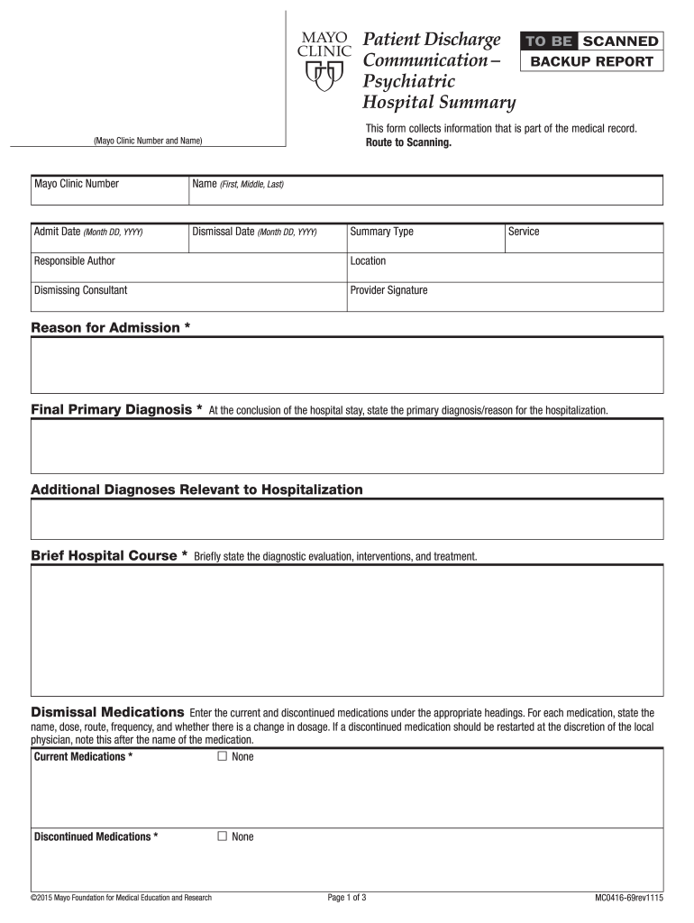 Patient Discharge Communication Psychiatric Hospital Summar MC0416 69 Patient Discharge Communication Psychiatric Hospital Summa  Form