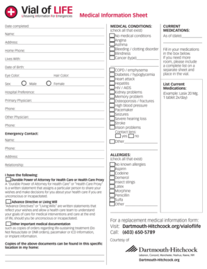 Vial of Life Medical Information Sheet Dartmouth Hitchcock
