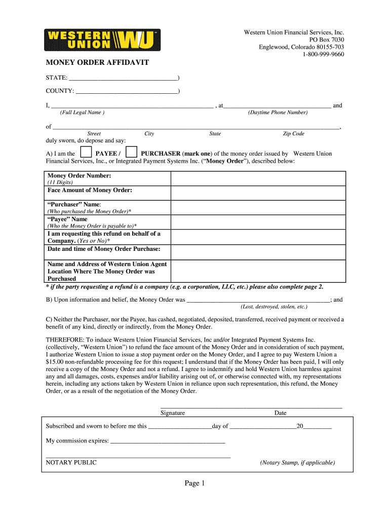 Money Order Affidavit  Form