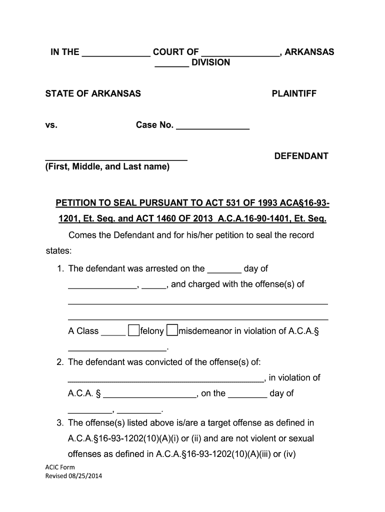 Petition to Seal Pursuant to Act 531 and Act 1460  Acic  Form