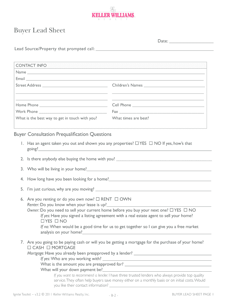 Buyer Questionnaire and Lead Sheet  Form