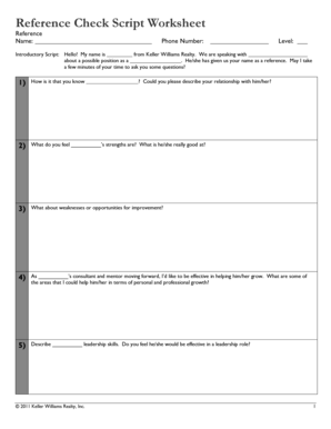 4 Reference Check Script Worksheet Keller Williams Realty  Form