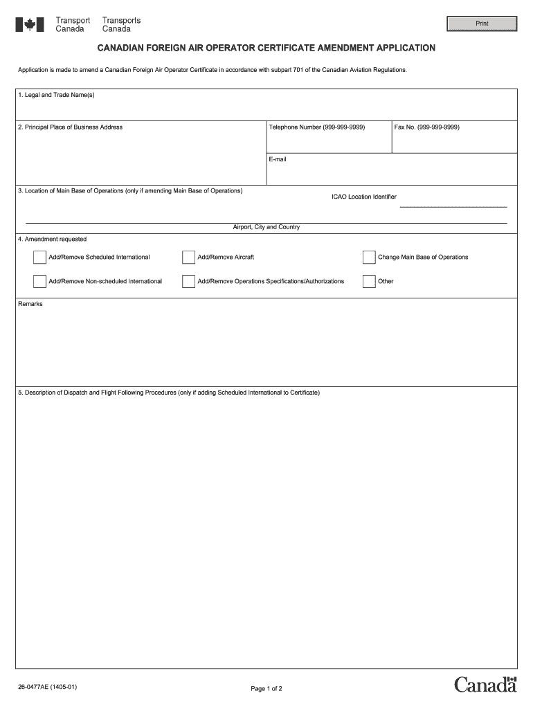 CANADIAN FOREIGN AIR OPERATOR CERTIFICATE AMENDMENT APPLICATION  Form