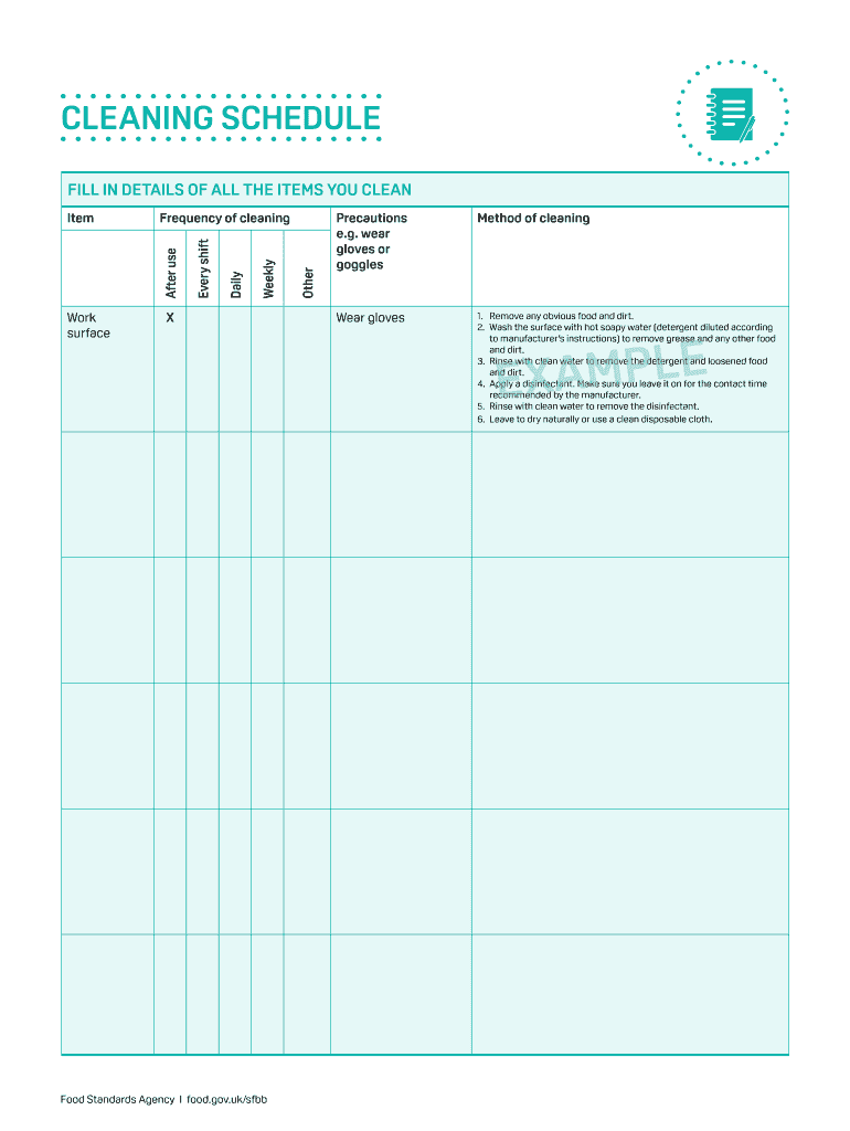 Safer Food Better Business Cleaning Schedule  Form