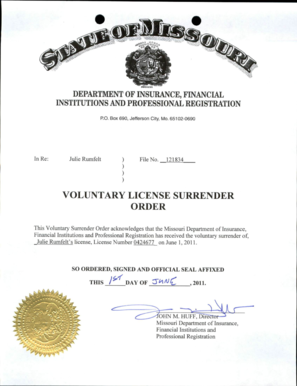 VOLUNTARY LICENSE SURRENDER FORM Missouri Insurance Insurance Mo