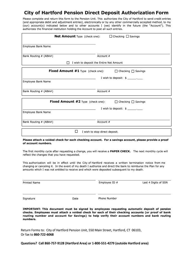 Get and Sign City of Hartford Pension Direct Deposit Authorization Form  Treasurer Hartford