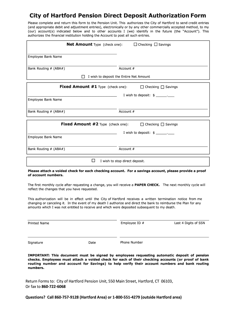 City of Hartford Pension Direct Deposit Authorization Form  Treasurer Hartford