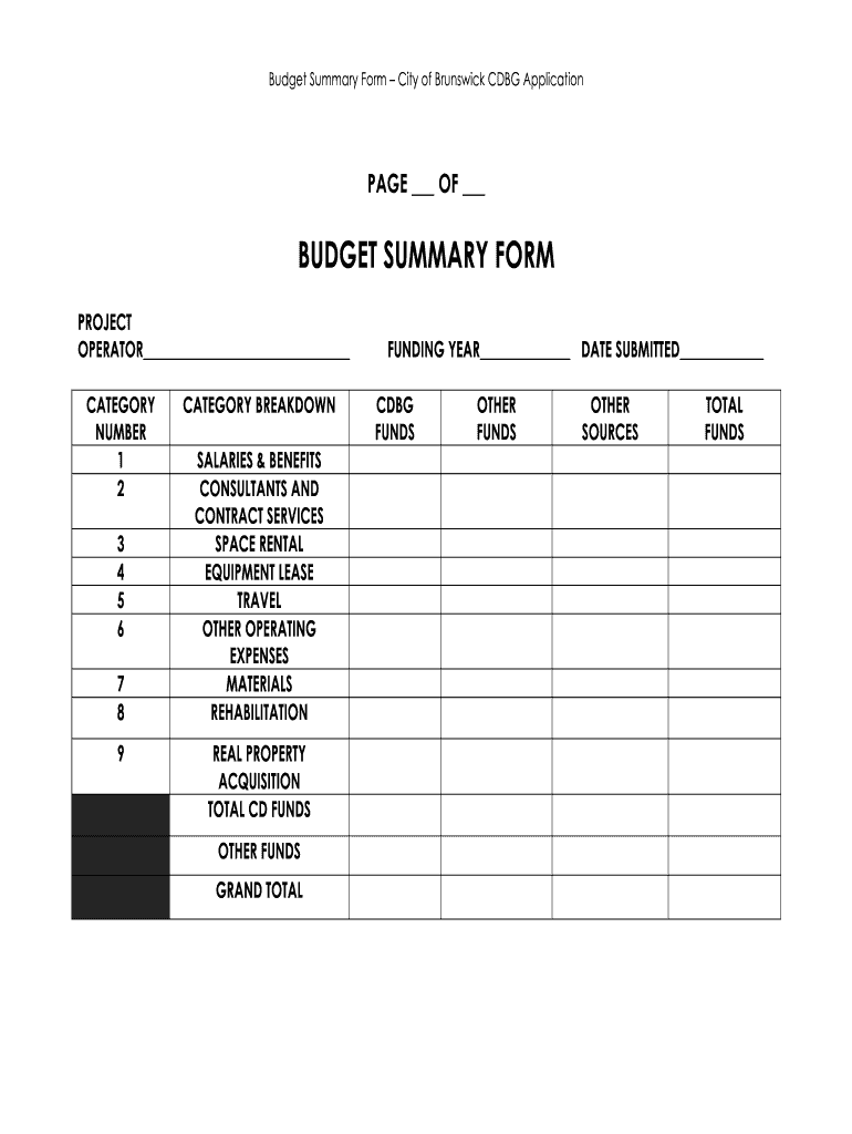 Budget Summary Form City of Brunswick CDBG Application  Brunswickga