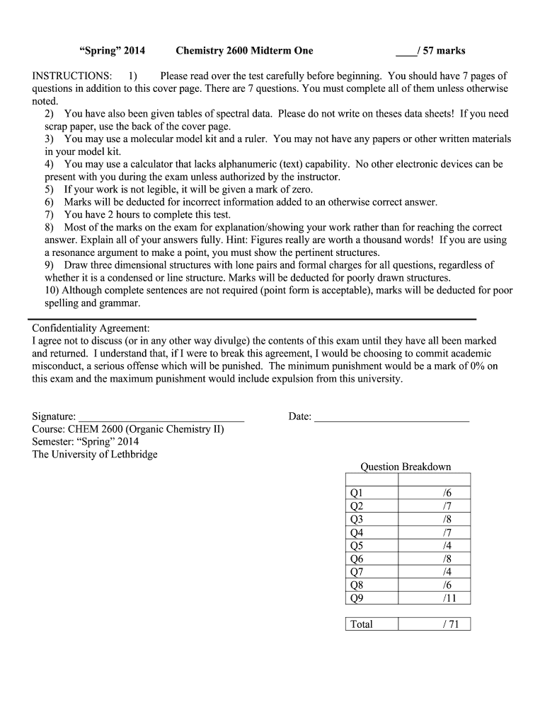  Chem 2600 MT2A BS2014b  University of Lethbridge 2014