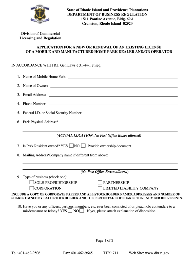 MOBILE and MANUFACTURED HOME PARK APPLICATIONRENEWAL  Form