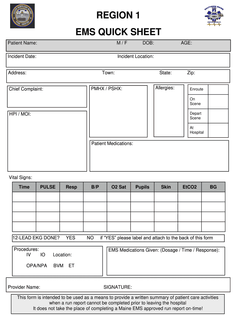 Maine Ems Quick Sheet  Form