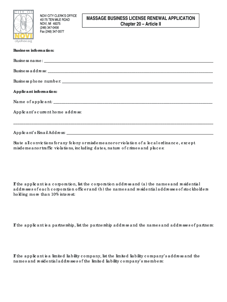 Massage Business License Renewal Application  Form
