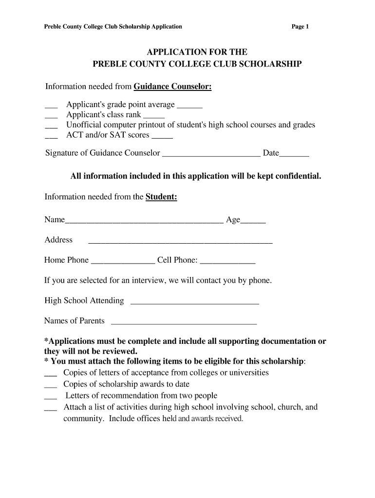APPLICATION for the PREBLE COUNTY COLLEGE CLUB SCHOLARSHIP Eaton K12 Oh  Form
