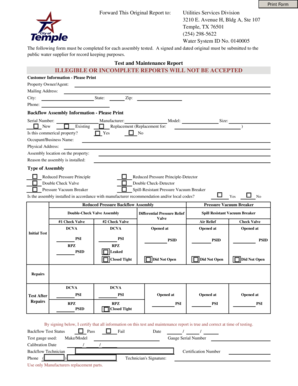 Backflow Test &amp; Maintenance Form Xlsx Ci Temple Tx