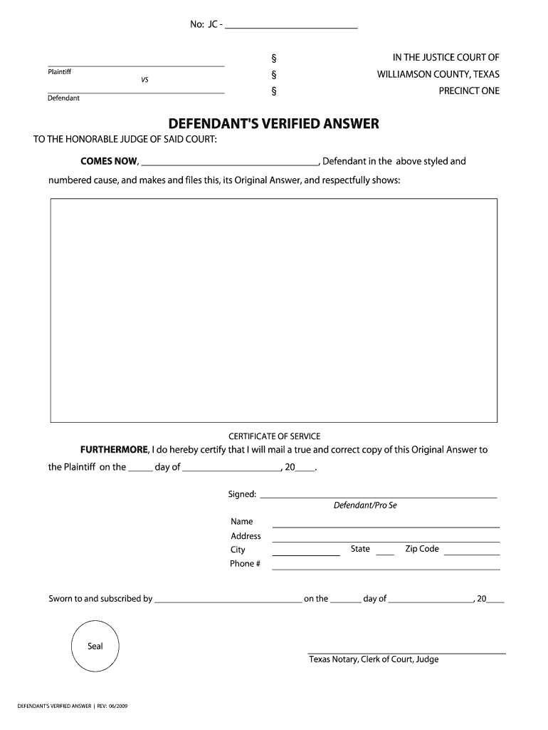 Defendants Original Answer  Williamson County Texas  Wilco  Form