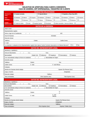 SOLICITUD DE APERTURA PARA CUENTA CORRIENTE,  Form