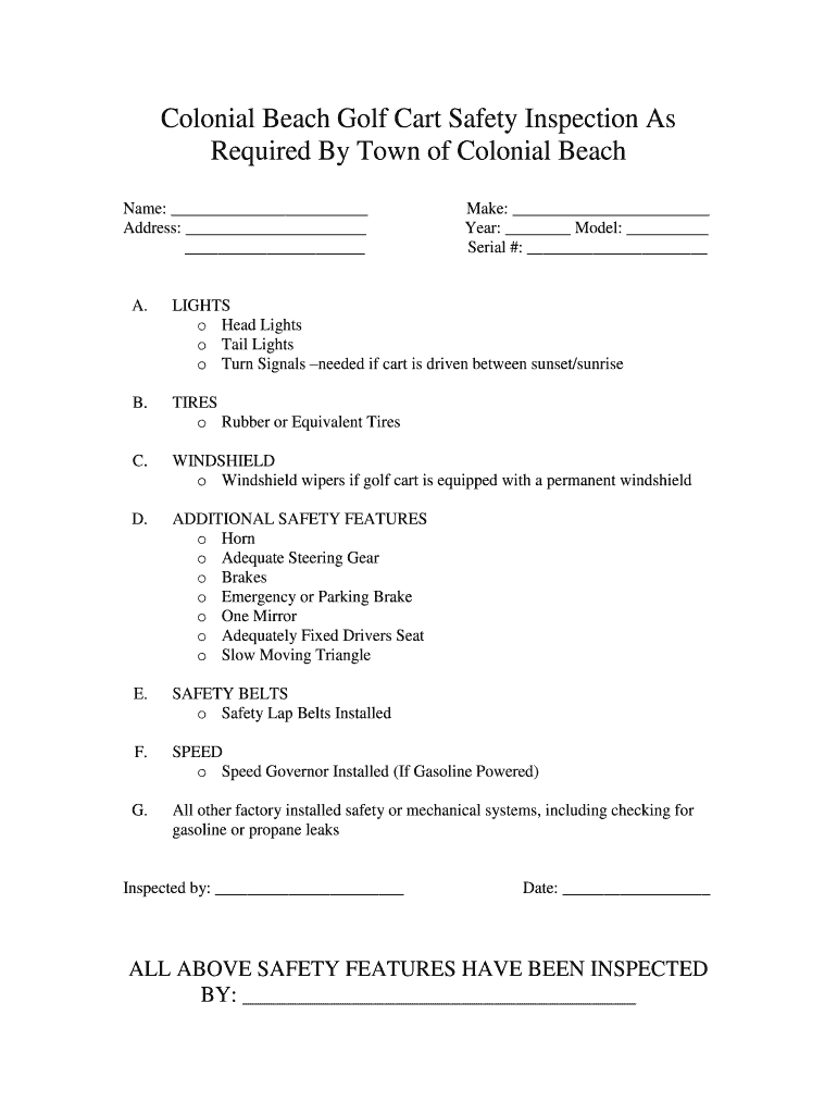 Golf Cart Inspection Colonial Beach  Form