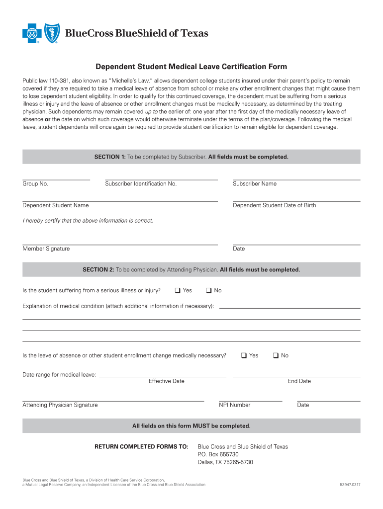  Dependent Student Medical Leave Certification Form 2017-2024