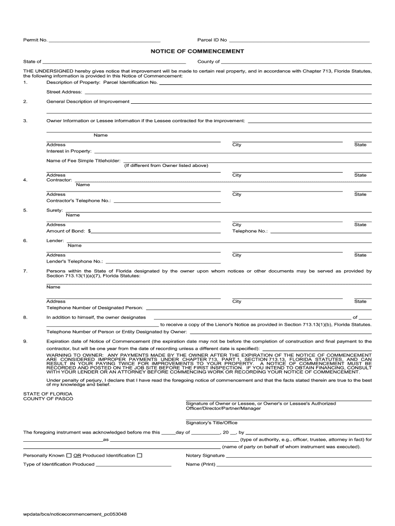 Notice of Commencement for Pasco  Form
