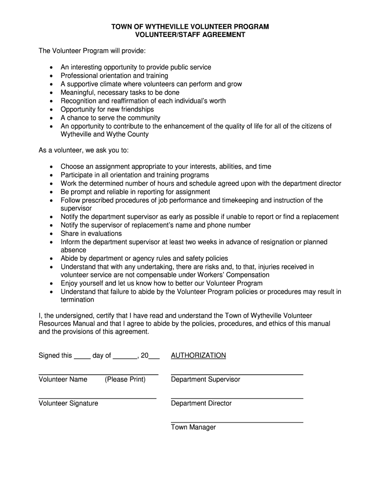 TOWN of WYTHEVILLE VOLUNTEER PROGRAM VOLUNTEERSTAFF AGREEMENT  Form